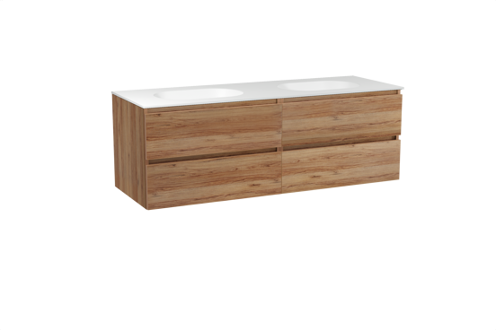 Balmani Lucida zwevend badkamermeubel 150 x 55 cm teak met Tablo Oval dubbele wastafel in solid surface mat wit