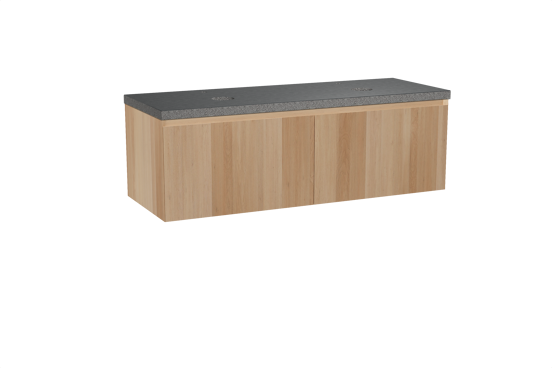 Balmani Idra hängendes Möbelstück Set: 150 x 55 cm, Naturbelassene Eiche, mit Rock Doppel Waschtischplatte, Schwarzes Granit