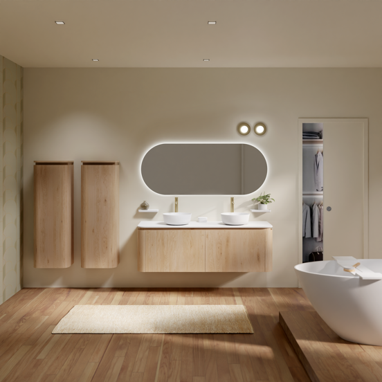 Balmani Moon meuble salle de bains suspendu 160 x 55 cm chêne naturel avec Moon tablette simple ou double en solid surface blanc mat