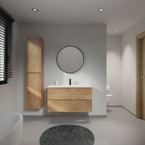 Linie Lado meuble salle de bains suspendu 100 x 46 cm chêne naturel avec Vano plan simple en marbre composite blanc mat