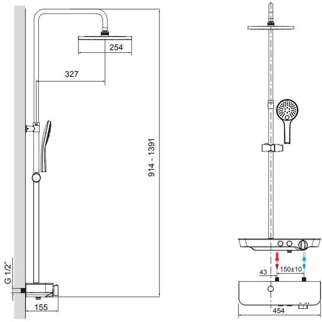 Mitigeur de douche thermostatique mural 1/2 entraxe 150 mm - livré avec  barre de douche, flexible et douchette avec système Easyclean
