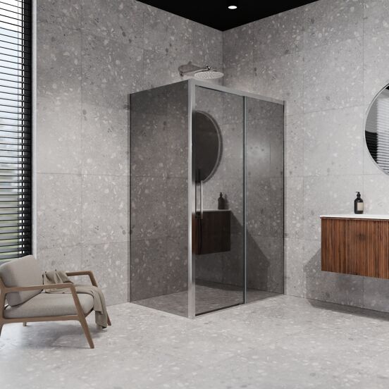 Balmani Senses Design douche en coin avec porte coulissante à droite et paroi latérale fixe, 120 x 90 cm, Miroir Reflex, Profil Chrome brillant, coating inclus