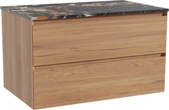 Balmani Mitra zwevend badkamermeubel 90 x 55 cm teak met Stretto enkel tablet in marmer portoro gold