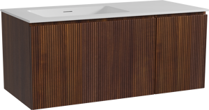 Storke Ribs zwevend badmeubel 110 x 52 cm notenhout met Mata asymmetrisch linkse wastafel in solid surface mat wit, Verticale symmetrische rechte ribbel
