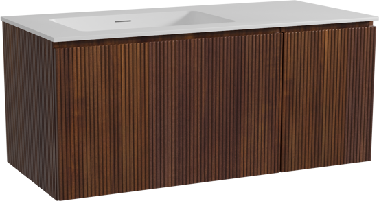 Storke Ribs meuble salle de bains suspendu 110 x 52 cm noyer avec Mata vasque asymétrique gauche en solid surface blanc mat, Nervure droite symétrique verticale