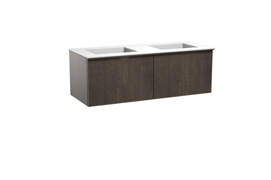 Balmani Forma meuble salle de bains suspendu 135 x 55 cm chêne fumé avec Tablo Stretto double vasque en solid surface blanc mat, Nervure droite symétrique verticale