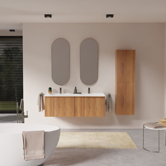 Balmani Forma hängendes Möbelstück Set: 135 x 55 cm, Teak, mit Tablo Oval Doppelwaschtisch, Solid Surface, Weiß matt, Vertikale symmetrische gerade Rippe