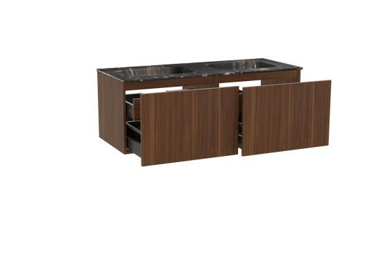 Balmani Sfera hängendes Möbelstück Set: 135 x 55 cm, Amerikanischer Nussbaum, mit Tablo Arcato Doppelwaschtisch, Marmor Portoro Gold