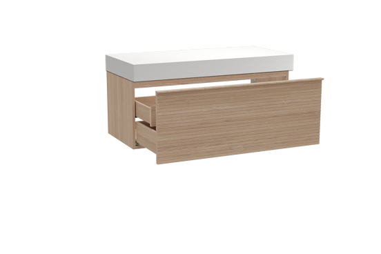 Balmani Forma hängendes Möbelstück Set: 120 x 55 cm, Naturbelassene Eiche, mit Dominus Einzel- oder Doppel Waschtischplatte, Solid Surface, Weiß matt, Horizontale symmetrische gerade Rippe