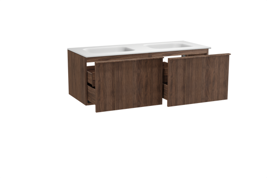 Balmani Forma hängendes Möbelstück Set: 135 x 55 cm, Amerikanischer Nussbaum, mit Tablo Arcato Doppelwaschtisch, Solid Surface, Weiß matt, Vertikale symmetrische gerade Rippe