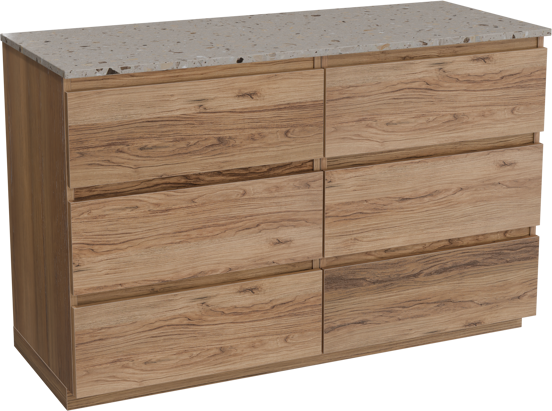 Balmani Lucida staand badmeubel 135 x 55 cm teakhout met Stretto enkel of dubbel wastafelblad in terrazzo greige terrazzo