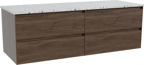 Balmani Mitra hängendes Möbelstück Set: 150 x 55 cm, Amerikanischer Nussbaum, mit Stretto Einzel- oder Doppel Waschtischplatte, Terrazzo in Weiß/Schwarz matt