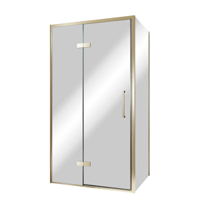 Balmani Senses Design douche en coin avec porte pivotante à gauche et paroi latérale fixe, 100 x 100 cm, Miroir Reflex, Profil Brushed Champagne Gold