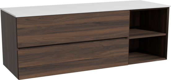 Storke Edge zwevend badmeubel 150 x 52 cm notenhout met Tavola enkel of dubbel wastafelblad in solid surface mat wit