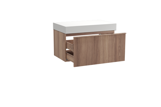 Balmani Forma hängendes Möbelstück Set: 90 x 55 cm, Teak, mit Dominus Einzel Waschtischplatte, Solid Surface, Weiß matt, Vertikale symmetrische gerade Rippe