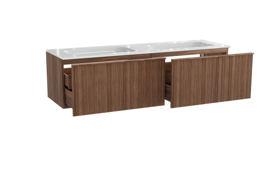 Balmani Forma zwevend badkamermeubel 180 x 55 cm amerikaanse notelaar met Tablo Strada dubbele wastafel in composietmarmer glanzend wit, Verticale asymmetrische ronde ribbel