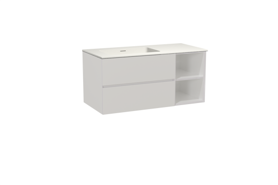 Storke Edge zwevend badmeubel 110 x 52 cm hoogglans wit met Mata asymmetrisch linkse wastafel in solid surface mat wit