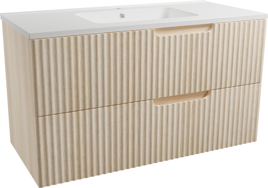 Linie Ribbo meuble salle de bains suspendu 100 x 46 cm chêne clair avec Vano plan simple en marbre composite blanc brillant, Nervure circulaire symétrique verticale