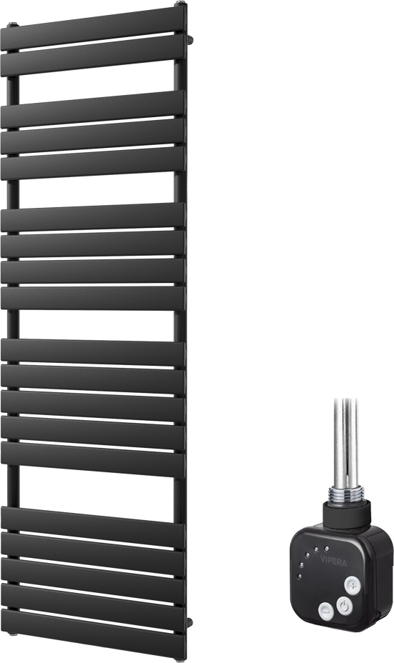 Vipera Vulcan enkele handdoekradiator 60 x 180 cm elektrische verwarming mat zwart zij- en middenaansluiting 1000W, weerstand inbegrepen
