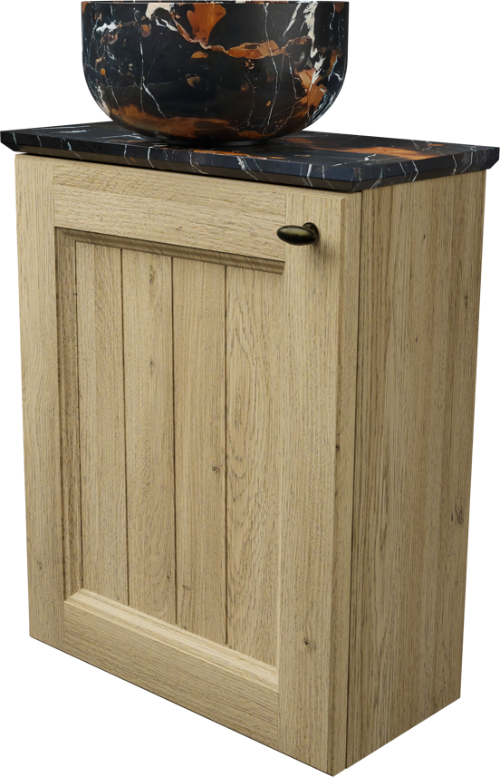 Balmani Lemon zwevend toiletmeubel 42 x 21 cm verweerd eiken met Facetta wastafelblad en Bowl waskom in Portoro Gold marmer