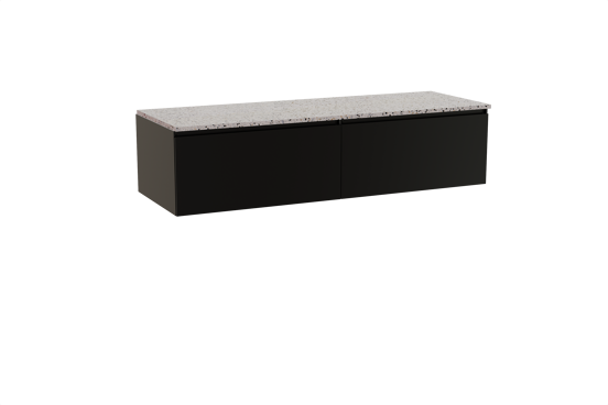 Storke Edge meuble salle de bains suspendu 150 x 52 cm noir mat avec Tavola tablette simple ou double en blanc/noir mat terrazzo