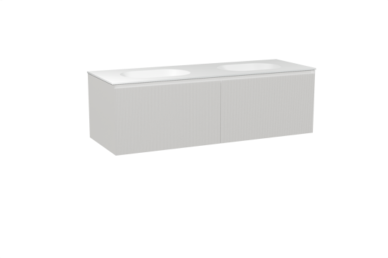 Balmani Fila hängendes Möbelstück Set: 150 x 55 cm, Weiß matt, mit Tablo Oval Doppelwaschtisch, Solid Surface, Weiß matt, Vertikale symmetrische gerade Rippe