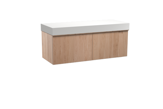 Balmani Forma zwevend badkamermeubel 135 x 55 cm natuur eik met Dominus enkel of dubbel tablet in solid surface mat wit, Verticale symmetrische rechte ribbel