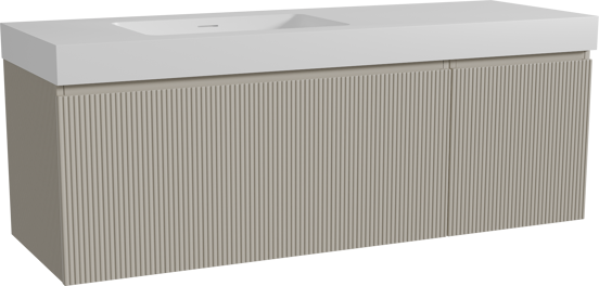 Storke Ribs zwevend badkamermeubel 150 x 52 cm zijdegrijs met Mata High asymmetrisch linkse wastafel in solid surface mat wit, Verticale symmetrische rechte ribbel