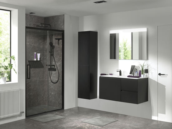 Storke Edge meuble sous-lavabo suspendu 100 x 46 cm asymétrique gauche noir mat 3 tiroirs