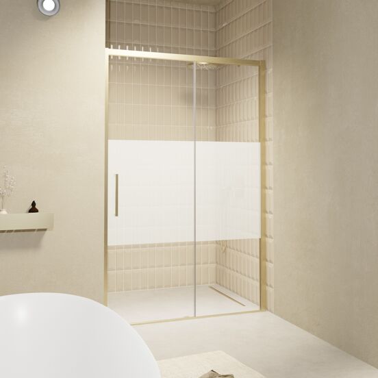 Balmani Senses Design douche schuifdeur rechts 120 cm x 210 cm Helder glas met matte strook glas, Brushed Champagne Gold profielen