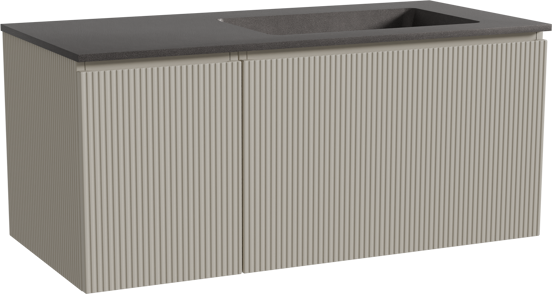 Storke Ribs zwevend badmeubel 110 x 52 cm zijdegrijs met Scuro asymmetrisch rechtse wastafel in kwarts mat zwart, Verticale symmetrische rechte ribbel