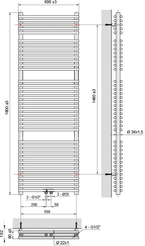 Vipera Alegria sèche-serviettes double 60 x 180 cm chauffage électrique noir mat raccordements latéral et central possibles 1.875W, résistance incluse