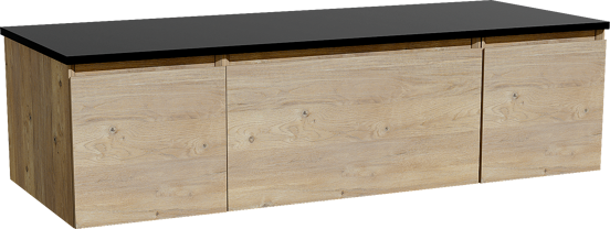 Storke Edge zwevend badkamermeubel 135 x 52 cm ruwe eik met Panton enkel of dubbel tablet in gepoedercoate mdf mat zwart