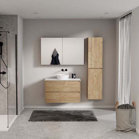 Storke Seda meuble salle de bains suspendu 95 x 52 cm chêne brut avec Tavola tablette simple en solid surface blanc mat