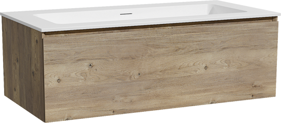 Storke Edge hängendes Möbelstück Set: 105 x 52 cm, Rohe Eiche, mit Mata Einzelwaschtisch für 2 Armaturenlöcher, Solid Surface Weiß matt