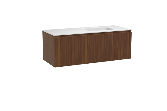 Balmani Sfera zwevend badmeubel 135 x 55 cm amerikaans notenhout met Tablo Arcato asymmetrisch rechtse wastafel in solid surface mat wit