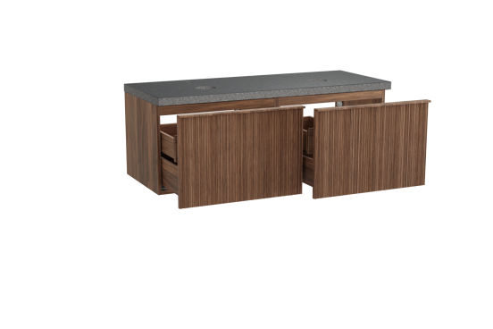 Balmani Forma meuble salle de bains suspendu 135 x 55 cm noyer américain avec Rock tablette double en granit noir, Nervure circulaire asymétrique verticale