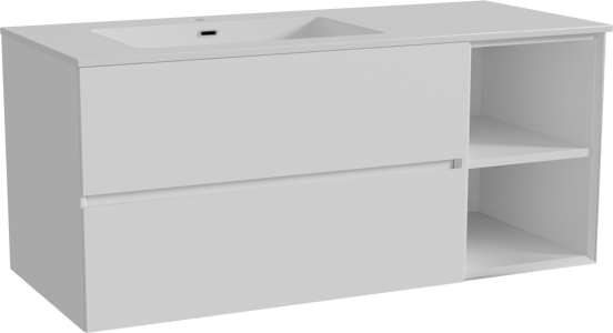 Storke Edge zwevend badmeubel 120 x 52 cm mat wit met Diva asymmetrisch linkse wastafel in composietmarmer hoogglans wit
