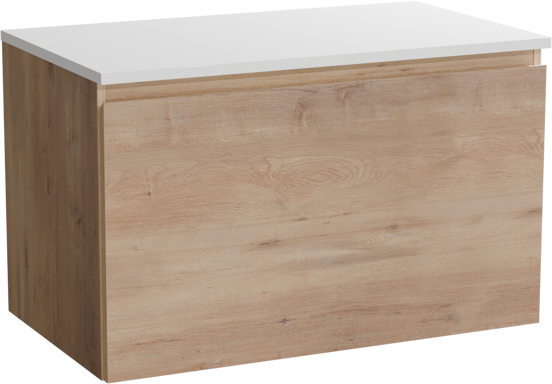 Linie Lado hängendes Möbelstück Set: 80 x 46 cm, Naturbelassene Eiche, mit Lado Einzel Waschtischplatte, Marmorkomposit Weiß glänzend