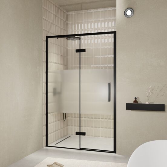 Balmani Senses Design douche draaideur links 140 cm x 210 cm Helder glas met matte strook, Zwarte profielen, met coating