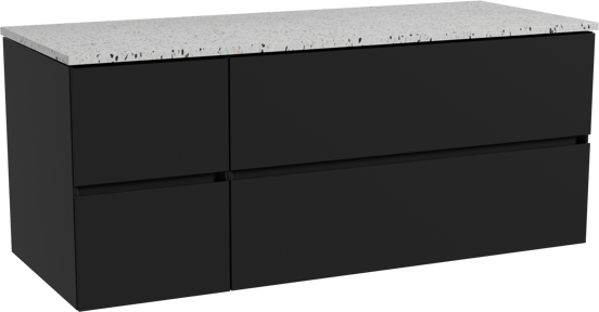 Storke Edge hängendes Möbelstück Set: 130 x 52 cm, Schwarz matt, mit Tavola Einzel- oder Doppel Waschtischplatte, Terrazzo in Weiß/Schwarz matt