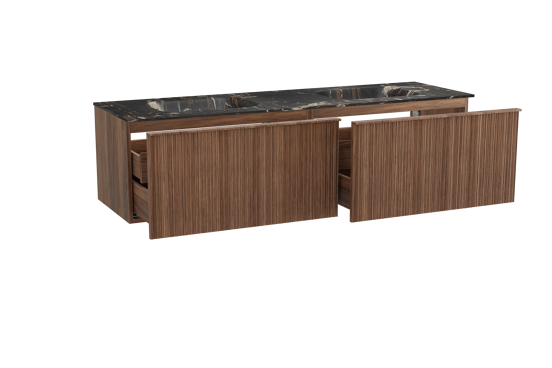 Balmani Forma zwevend badkamermeubel 180 x 55 cm amerikaanse notelaar met Tablo Arcato dubbele wastafel in marmer portoro gold, Verticale asymmetrische ronde ribbel