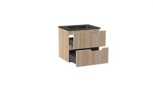 Linie Ribbo meuble salle de bains suspendu 60 x 46 cm chêne clair avec Baro plan simple en porcelaine noir mat, Nervure circulaire symétrique verticale