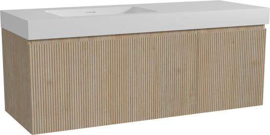 Storke Ribs hängendes Möbelstück Set: 140 x 52 cm, Rohe Eiche, mit Mata High Waschtisch links, Solid Surface, Weiß matt, Vertikale symmetrische gerade Rippe