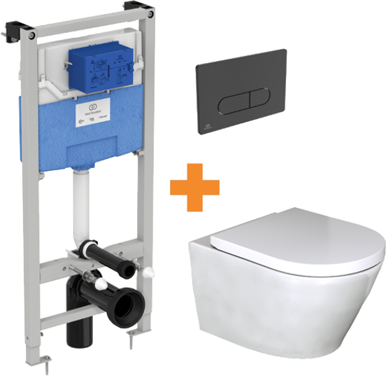 Luca Varess Calibro WC suspendu et abattant medio blanc brillant sans bride avec bâti-support et Ideal Standard Oleas M1 noir mat plaque de commande gratuit