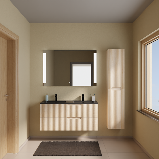 Linie Ribbo meuble salle de bains suspendu 120 x 46 cm chêne clair avec Vano double vasque en marbre composite noir mat, Nervure circulaire symétrique verticale