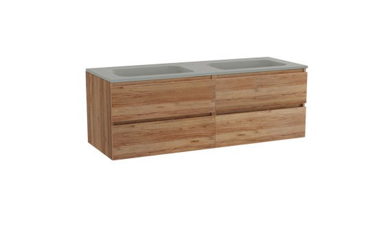 Balmani Lucida zwevend badkamermeubel 150 x 55 cm teak met Tablo Strada dubbele wastafel in composietmarmer zijdegrijs
