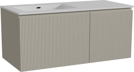 Storke Ribs zwevend badmeubel 110 x 52 cm zijdegrijs met Diva asymmetrisch linkse wastafel in composietmarmer hoogglans wit, Verticale symmetrische rechte ribbel
