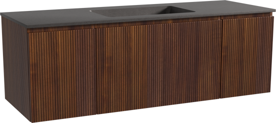 Storke Ribs hängendes Möbelstück Set: 145 x 52 cm, Nussbaum, mit Scuro Einzelwaschtisch, Quarz, Schwarz matt, Vertikale symmetrische gerade Rippe