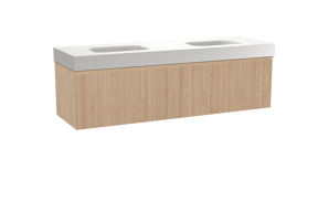 Balmani Fila hängendes Möbelstück Set: 180 x 55 cm, Naturbelassene Eiche, mit Arcato Doppelwaschtisch, Solid Surface, Weiß matt, Vertikale symmetrische gerade Rippe
